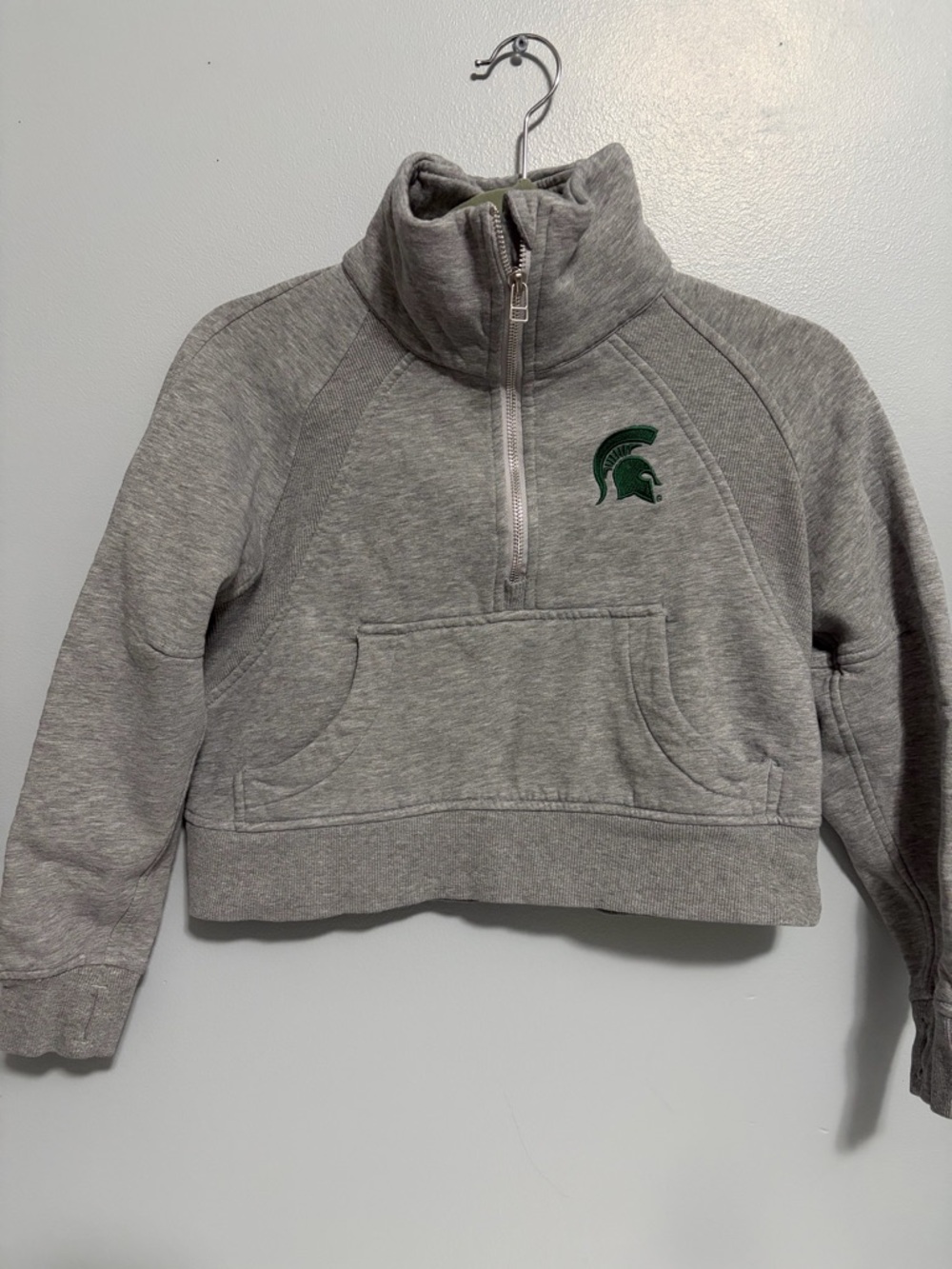 Gray Quarter-Zip Pullover with Green Spartan Logo